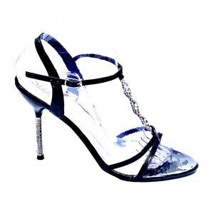 Black Rhinestone Stiletto Heels T- Strap Design Crystal Embellishments Size 7.5